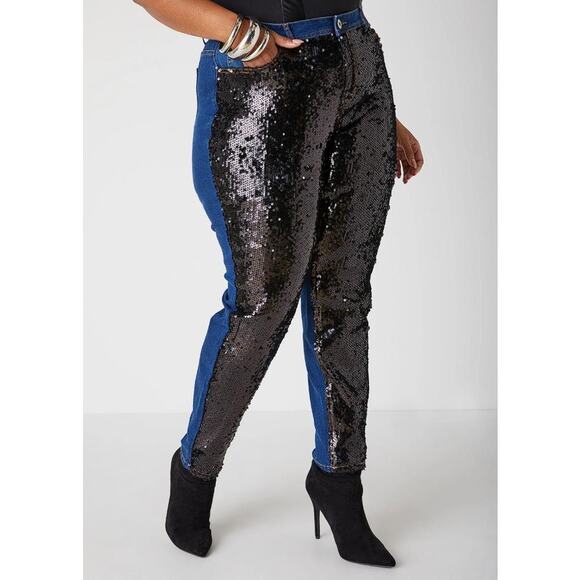 ASHLEY STUART Women's Sequined Mid Rise Skinny Jeans Size 14 In Denim - Picture 2 of 14
